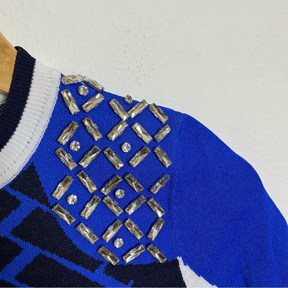 Karen Millen Blue Black sporty jacquard knit top embellished Geometric Blouse S - Picture 6 of 9